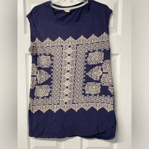 Lucky brand, navy blue, tribal sleeveless top size large